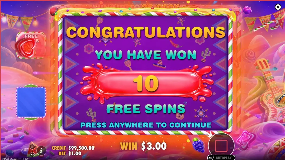 Makulay na disenyo ng Sweet Fiesta 1000 slot na may mga kendi at festive na tema.