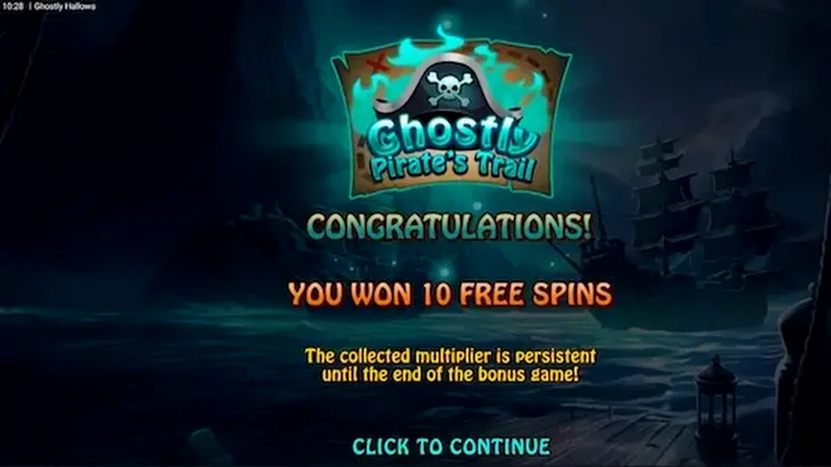 Isang mahiwagang ghost ship sa gitna ng dagat na may mga skeletal pirates sa Ghostly Hallows slot.